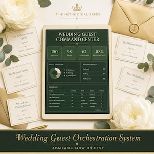 Op de afbeelding: Een digitale tablet met een Wedding Guest Command Center dashboard in donkergroen met gouden tekst, omringd door witte gastenkaarten, een gouden envelop met een waszegel en witte bloemaccenten op een lichte ondergrond.