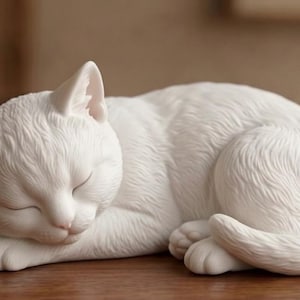Peut inclure: Une figurine de chat blanc en position de sommeil, les yeux fermés et la queue enroulée autour du corps. Un badge circulaire rouge dans le coin supérieur droit porte le texte DIGITAL DOWNLOAD NOT physical item en lettres blanches.