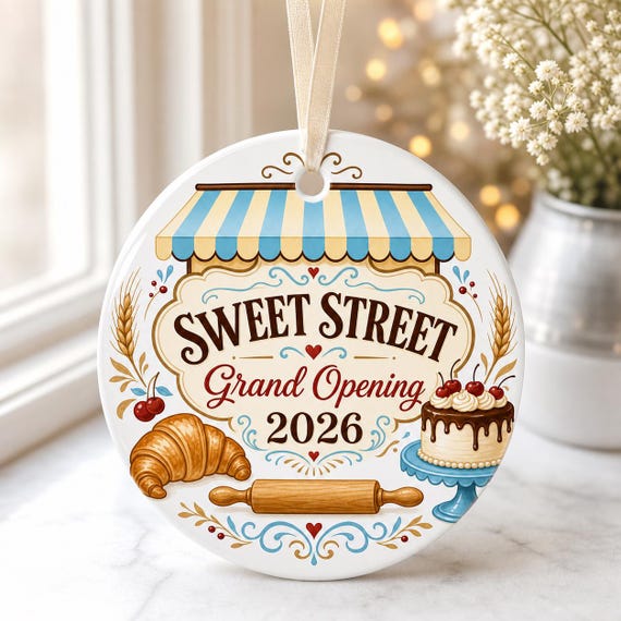 A personalised ceramic bakery ornament to mark a shop's grand opening — a niche, thoughtful keepsake you absolutely cannot find at any retail store.