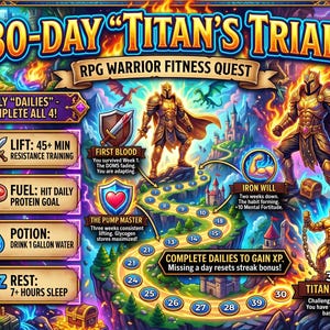 Op de afbeelding: Een 30-daagse Titan's Trial RPG warrior fitness quest digitale downloadkaart. De afbeelding toont een genummerd pad, gouden gepantserde krijgers en een lijst met dagelijkse taken zoals krachttraining, eiwitdoelen, waterinname en slaap.