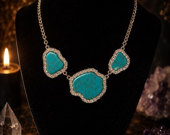 Turquoise Statement Necklace – Gold Tone & Rhinestone Accents