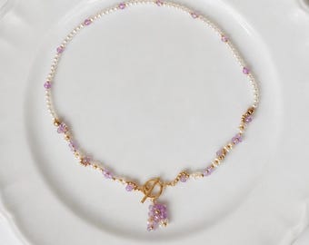 Handgemaakte parelketting met Tsjechische kristallen kralen, gouden roestvrijstalen sluiting, elegante bloemenketting, cadeau voor haar