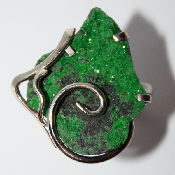 Uvarovite Ring, Green Garnet Ring, Uvarovite Drusy,  8 size