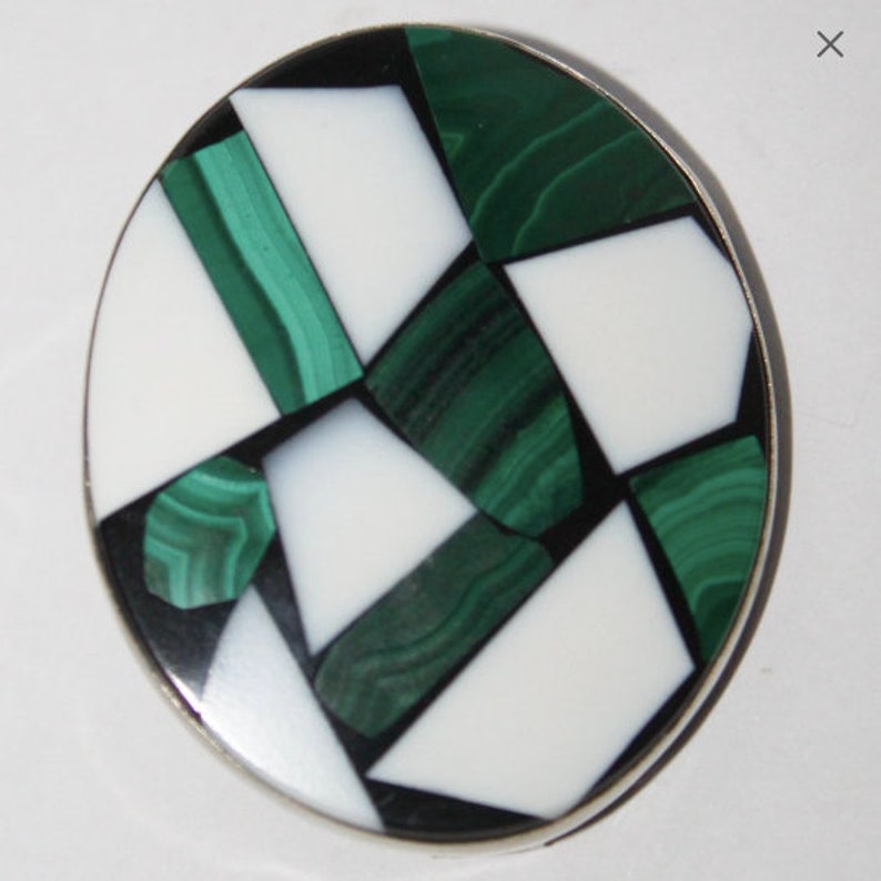 mosaic brooch Malachite cacholong pin