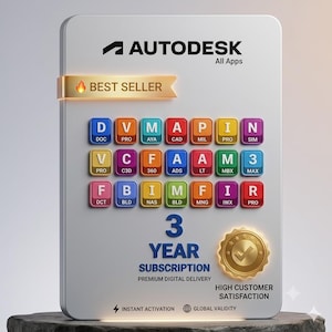 May include: A white rectangular Autodesk All Apps software card featuring a gold Best Seller banner, twenty-one colourful square icons with software abbreviations, the text 3 YEAR SUBSCRIPTION, a gold seal with a checkmark, and Global Validity text.