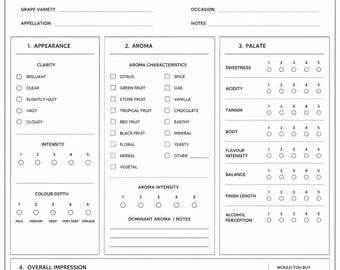 Hoja de puntuación para cata de vinos profesionales / Notas de cata a ciegas en formato PDF (A4, tamaño carta estadounidense)