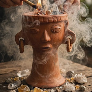 Puede incluir: Un quemador de incienso de terracota con forma de cabeza humana, rasgos faciales estilizados y adornos en las orejas. El recipiente contiene brasas encendidas y emite un espeso humo blanco, rodeado de cristales de cuarzo claros y amarillos.