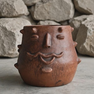 May include: A round, brown terracotta planter featuring a sculpted face with closed eyes, a prominent nose, a wide smiling mouth, and a small chin detail. The surface is textured with several small, conical protrusions around the sides.