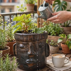 May include: A dark brown ceramic planter shaped like a human head with closed eyes and full lips, containing a green plant being watered by a small galvanized metal watering can. A white ceramic mug sits on a cloth napkin nearby.
