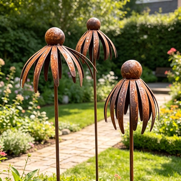 Rusty Metal Echinacea Garden Stake, Rustic Flower Yard Sculpture, Weathered Plant Art