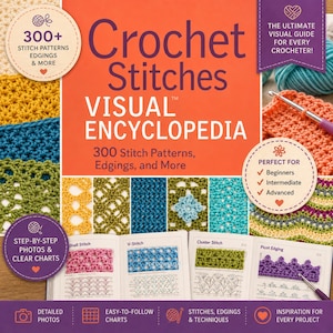 Può includere: Un libro intitolato Crochet Stitches Visual Encyclopedia con una copertina arancione che presenta testo e vari campioni di punti all'uncinetto colorati. Il libro mostra foto passo dopo passo e grafici per motivi come Shell, V-Stitch, Cluster e Picot Edging.