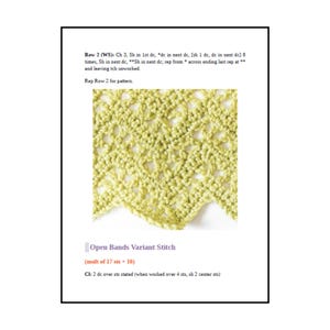 Op de afbeelding: Een haakpatroondocument getiteld Open Bands Variant Stitch met een lichtgroen garenstaal met een chevron-achtig opengewerkt ontwerp. De tekst bevat de instructies: Row 2 (WS): Ch 3, Sh in 1st dc, *dc in next dc, [sk 1 dc, dc in next dc] 8 times, Sh in next dc, **Sh in next dc; rep from * across ending last rep at ** and leaving tch unworked. Rep Row 2 for pattern. (mult of 17 sts + 16). Cl: 2 dc over sts stated (when worked over 4 sts, sk 2 center sts).