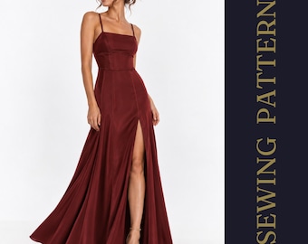 Patron de couture pour robe longue fendue en format PDF à télécharger | Robe de soirée sans bretelles à épaules dénudées et dos ouvert | Modèle DIY de robe de soirée et de robe de soirée