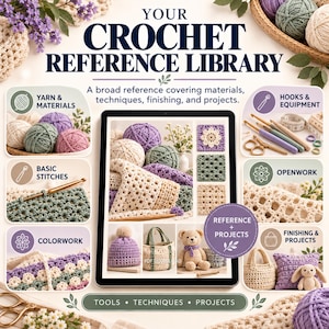 Puede incluir: Una tableta digital que muestra una guía de referencia titulada YOUR CROCHET REFERENCE LIBRARY. La pantalla presenta ovillos de lana, ganchillos y proyectos terminados como un gorro, un bolso y un oso de peluche. Paneles detallan hilos y técnicas.