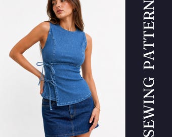 Patron de couture pour débardeur en jean sans manches à nouer sur le côté – Haut d'été (PDF à télécharger) | Coutures princesse, fermeture éclair au dos, doublure ou finition apparente