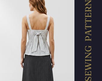 Patron de couture de haut à nouer dans le dos - Patron PDF de chemisier à basques pour femme - Haut d'été DIY facile - Téléchargement numérique