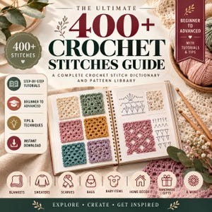 Może przedstawiać: Spiralny przewodnik po ściegach szydełkowych zatytułowany The Ultimate 400+ Crochet Stitches Guide, zawierający kolorowe kwadratowe próbki szydełkowe, czarno-białe schematy ściegów oraz ikony samouczków, poziomów umiejętności i projektów.
