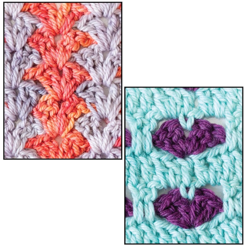 Op de afbeelding: Twee close-up beelden van gehaakte stof. Het linkerpaneel toont een herhalend schelpensteekpatroon in gem&ecirc;leerd oranje en lichtpaars garen. Het rechterpaneel toont een lichtblauw gehaakt netwerk met kleine, donkerpaarse hartvormige clusters.