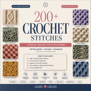 以下が含まれることがあります： 「200+ Crochet Stitches」と題されたデジタルガイドで、究極のかぎ針編みステッチ辞典です。クリーム、セージ、テラコッタ、マスタード、ラベンダー、ダスティブルーなど、さまざまな質感と色の8つの正方形の編み地見本とテキストが掲載されています。