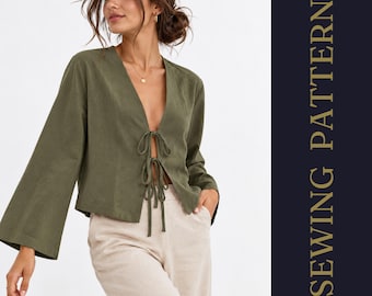 Patron de couture pour top péplum à nouer (téléchargement PDF) | Top à manches bouffantes | Chemisier péplum | Patron de chemise à nouer | Projet de couture à faire soi-même