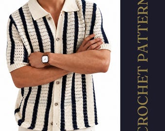 Patrón de camisa de ganchillo abotonada para hombre en PDF / Camisa de ganchillo a rayas / Patrón para verano