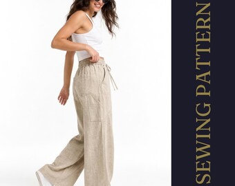 Patron de couture PDF pour pantalon unisexe à jambes larges | Pantalon à taille élastique | Pantalon à entrejambe basse | Détail de poche asymétrique | XXS–5XL