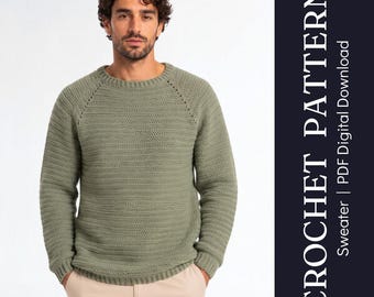 Patron PDF de pull raglan pour homme au crochet | Pull tricoté du haut vers le bas | Tailles S à 5XL | Patron sans couture | Téléchargement instantané