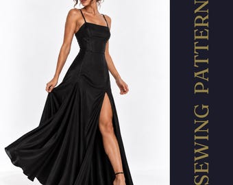 Patron de couture pour robe longue fendue en format PDF à télécharger | Robe de soirée sans bretelles à épaules dénudées et dos ouvert | Modèle DIY de robe de soirée et de robe de soirée