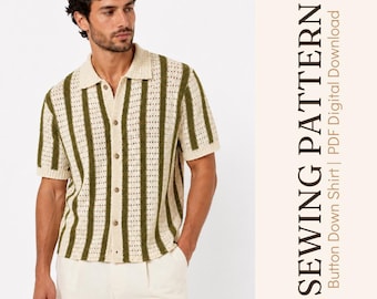Patron PDF de chemise boutonnée au crochet pour homme | Chemise rayée au crochet | Haut d'été coupe décontractée | Patron de crochet facile pour débutants