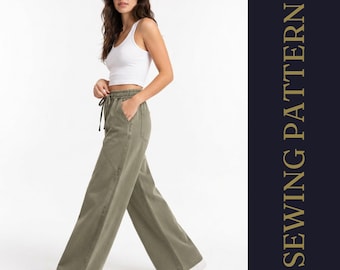 Patron de couture PDF pour pantalon unisexe à jambes larges | Pantalon à taille élastique | Pantalon à entrejambe basse | Détail de poche asymétrique | XXS–5XL