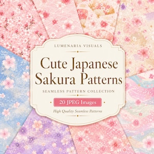 以下が含まれることがあります： ピンクの桜、伝統的な扇子、波のモチーフをあしらった20種類のシームレスパターンのデジタルコレクション。青、紫、クリーム色のパステルカラーで構成されています。中央のラベルには「Lumenaria Visuals Cute Japanese Sakura Patterns」というテキストが表示されています。