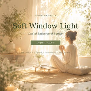 以下が含まれることがあります： LUMENARIA VISUALS Soft Window Lightというタイトルのデジタル背景バンドルで、20枚のJPEG画像が含まれています。画像には、カーテン、小さな木製のテーブル、花瓶のある日当たりの良い部屋で、床のクッションに座っている人物が描かれています。