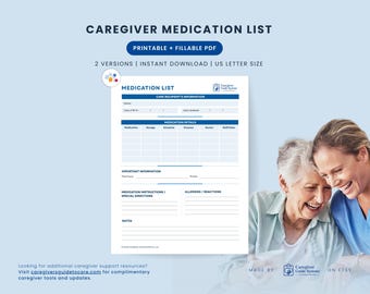 Medication List | Medication Tracker | Caregiver Medical Binder | Elder Care Organizer | PDF Download