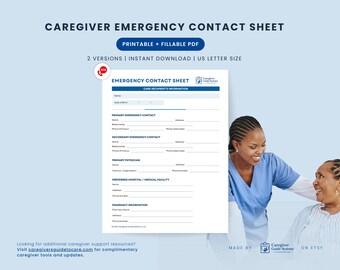 Emergency Contact Sheet | Caregiver Emergency Planner | Medical Binder Form | Emergency Information Sheet | PDF Download