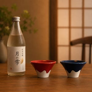 May include: A clear glass bottle of sake with a white label featuring black Japanese text and a gold circular graphic, accompanied by two small ceramic cups, one in red and one in blue, both featuring a white base and a mountain-like drip design.