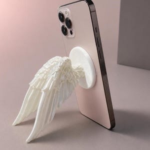 Pearlescent Upright Angel Wings MagSafe Phone Grip, Oversized Archangel 3D Printed Magnetic Holder for iPhone, Kindle and E-Reader Stand