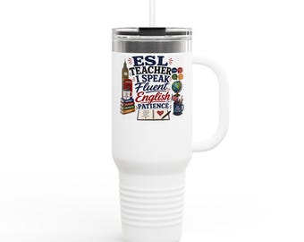 Tazza termica da viaggio "Patience" con scritta "I Speak Fluent English" (1,2 litri). Regalo ideale per insegnanti di inglese.