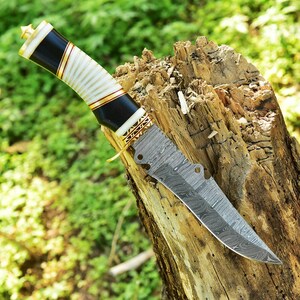 May include: A fixed-blade knife featuring a patterned Damascus steel blade with two circular cutouts near the spine. The handle is constructed with alternating sections of black and white material, accented by thin gold-colored metal rings.