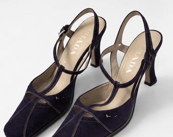 Vintage Prada Navy Suede Slingback Heels | Italian Designer Shoes (EU 38 UK 5)