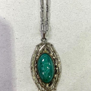 1920s Czech Glass Stone Necklace – Art Deco Silver Filigree Jewelry, Vintage Flapper Era Statement Necklace, Collectible Antique Gift