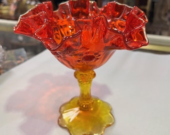 Fenton Amber Glass Pedestal Candy Dish – Antique Footed Glass Bowl – Vintage Amber Compote – Mid Century Glass Decor – Harvest Gold Glass