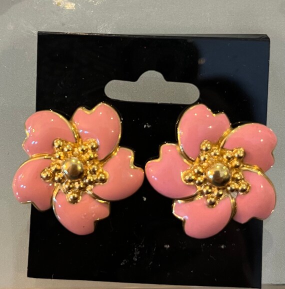 Pink enamel Monet stud flower earrings - image 1