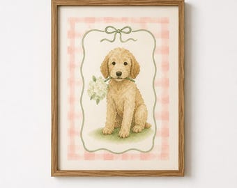 Goldendoodle Watercolor Dog Print, Cottage Core Art, Floral Nursery Decor (Digital Download)