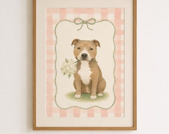 Pitbull Dog Floral Watercolor Print, Cottage Core Nursery Art (Digital Download)