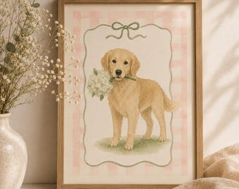 Golden Retriever Watercolor Dog Print, Cottage Core Art, Floral Nursery Decor (Digital Download)