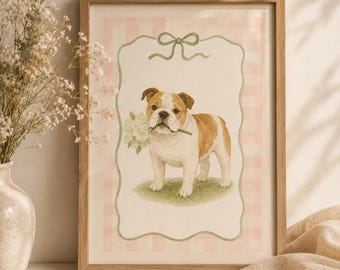 Bulldog Watercolor Dog Print, Cottage Core Art, Floral Nursery Decor (Digital Download)