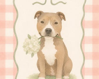 Pitbull Dog Floral Watercolor Print, Cottage Core Nursery Art (Digital Download)