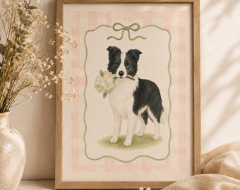 Border Collie Watercolor Dog Print, Cottage Core Art, Floral Nursery Decor (Digital Download)