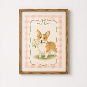 Stampa di un cane Corgi ad acquerello, stile cottage, decorazione floreale per la cameretta (download digitale)