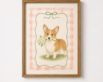 Corgi Watercolor Dog Print, Cottage Core Art, Floral Nursery Decor (Digital Download)